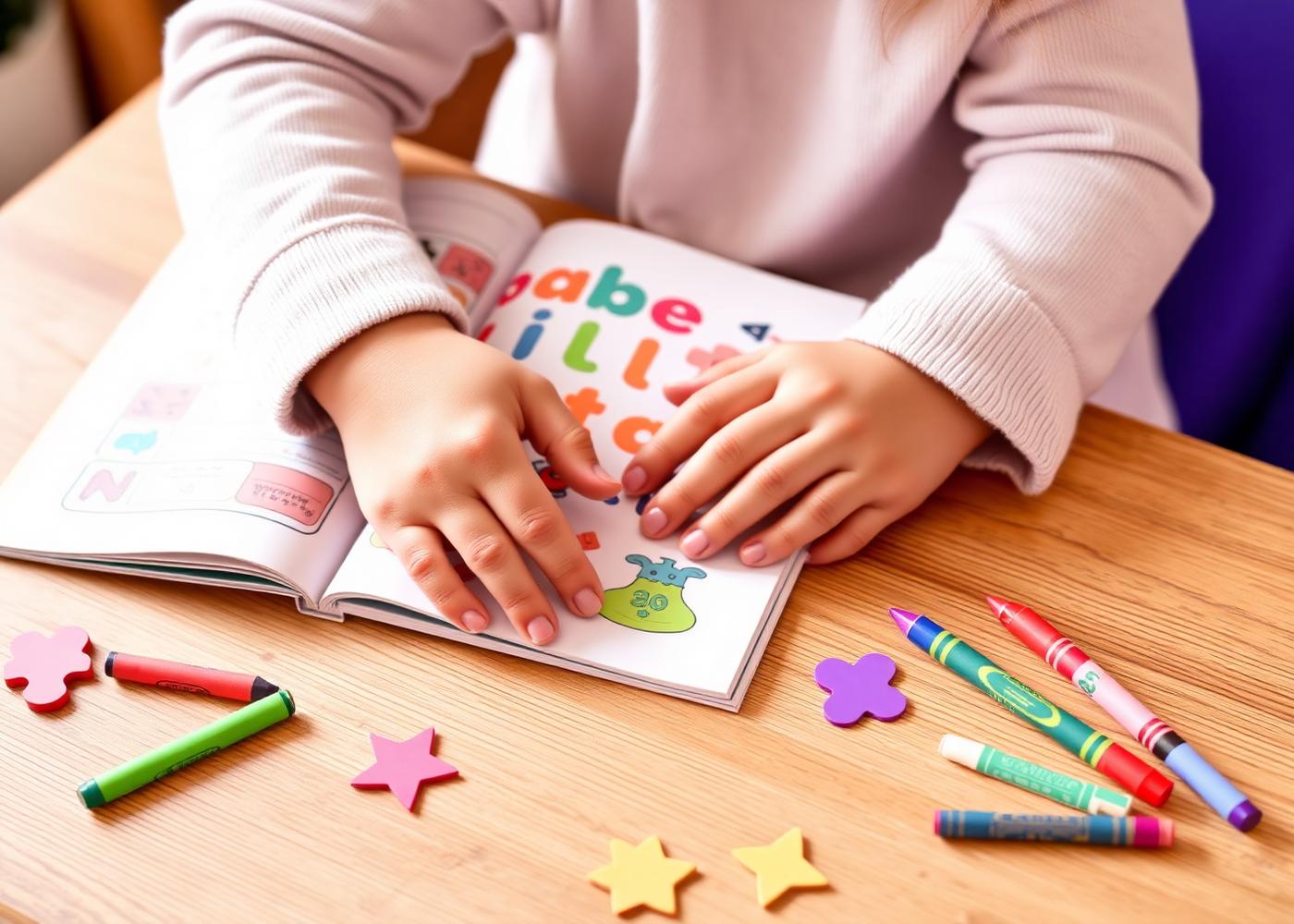 A child engaging with a colorful alphabet learning workbook